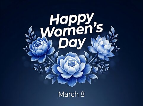 Beautiful blue floral arrangement with happy womens day greeting card design template