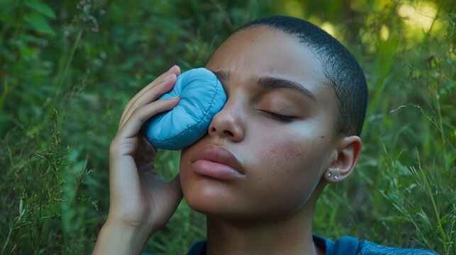 Close-up of a person with a short haircut using a blue circular compress on their eye for relief in a green garden