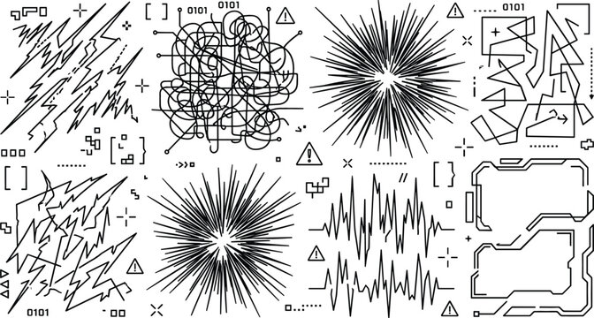 Digital Glitch and Data Error Doodle Set with Lightning Bolt, Burst Explosion, Circuit Fragment, and Binary Code Symbols