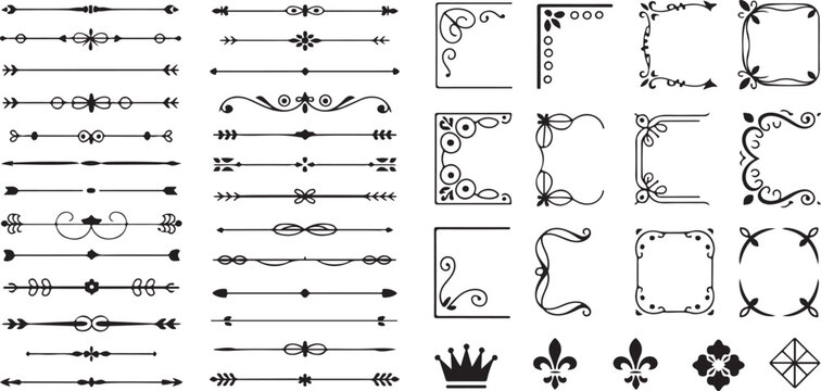 Divider and corner ornament collection including scrolls flourish borders and royal crowns for elegant stationery layouts graphic frame.