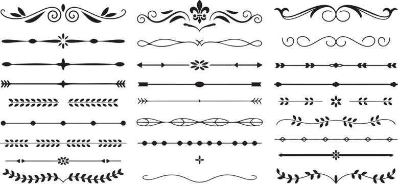Set of decorative calligraphic dividers and vintage ornaments for page decoration and elegant branding elements in antique style.
