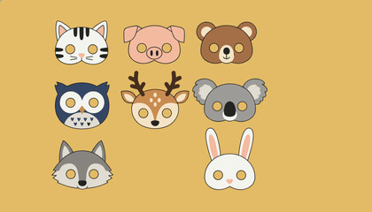 Fototapeta premium Cute animal masks for children birthday parties featuring cartoon cat, pig, bear, owl, deer, koala, wolf, and rabbit.