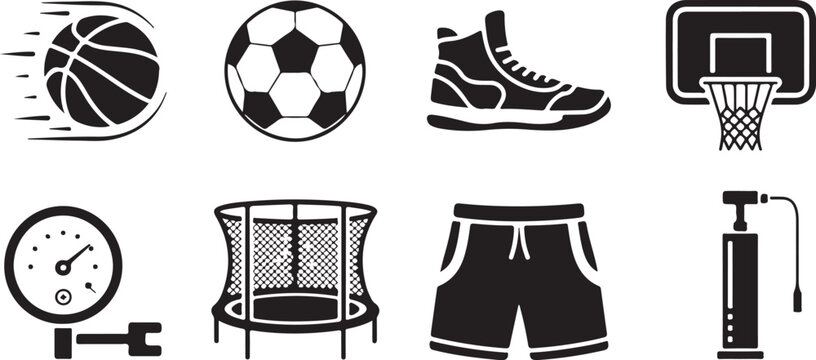 Basketball and soccer sports equipment set with ball hoop shoe shorts pressure gauge air pump and trampoline for outdoor activity.