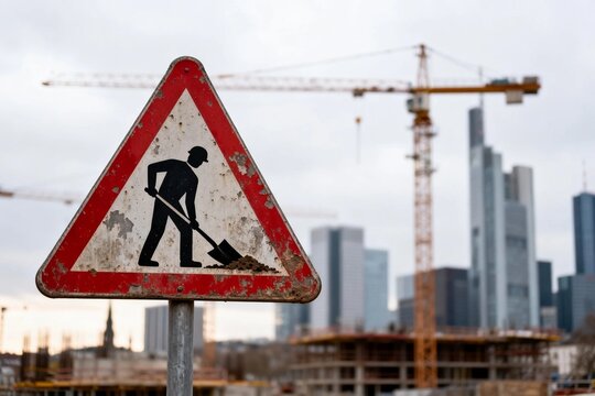 Construction warning sign with city skyline backdrop