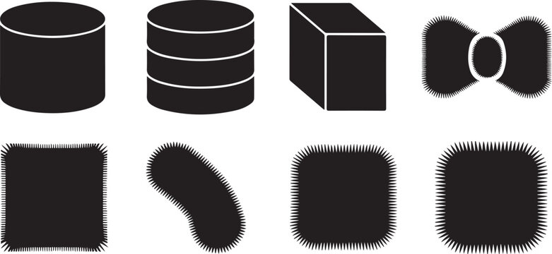 Collection of basic 3d shapes and unique fuzzy patch outlines with serrated edges, all in black silhouette.