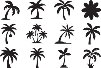 Fototapeta premium Palm tree silhouettes set features tropical coconut plants with different leaf styles for summer beach and vacation theme art.