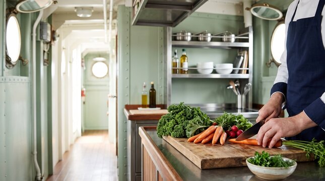 Chef preparing fresh vegetables in galley kitchen on ship  