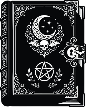 Vintage halloween spell book illustration mystical grimoire with skull moon and pentagram for spooky season designs