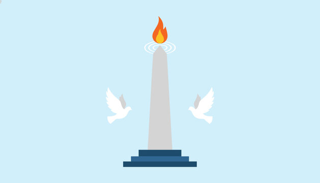 National monument of Jakarta Monas with golden flame and white doves representing peace and national independence.