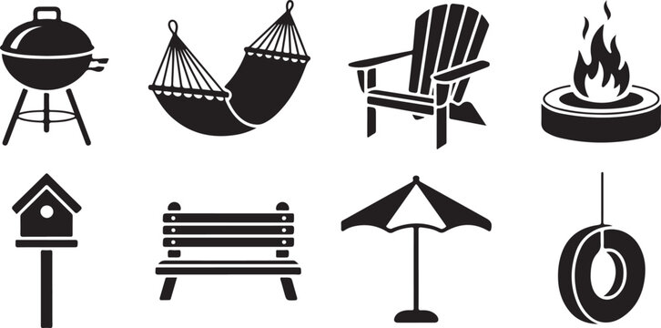 Backyard leisure items silhouette set featuring grill hammock chair fire pit and birdhouse for outdoor relaxation.