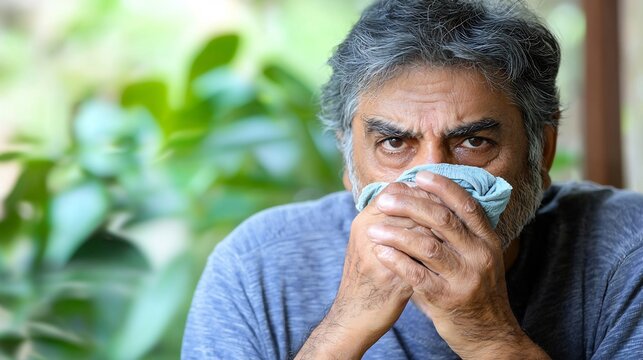 Mature man with grey hair holding a blue cloth compress to his face for dental pain relief in a natural outdoor setting