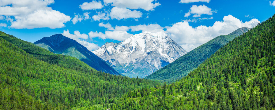 Majestic snow-capped peak of Mount Yala rising above a lush green forest valley under a clear blue sky in Sichuan, China