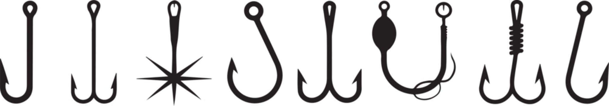 Assortment of fishing hook silhouettes in various shapes and sizes for angling, sport, and outdoor activities.