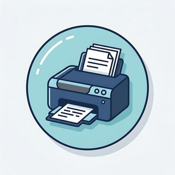 Digital document printing machine symbol displayed inside a circular button icon representing modern office equipment and professional paper processing