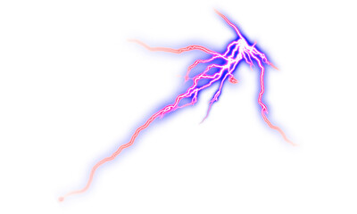 Obraz premium Purple lightning bolt effect. Electric discharge sparks and neon thunderbolt. Light overlay isolated on transparent background.
