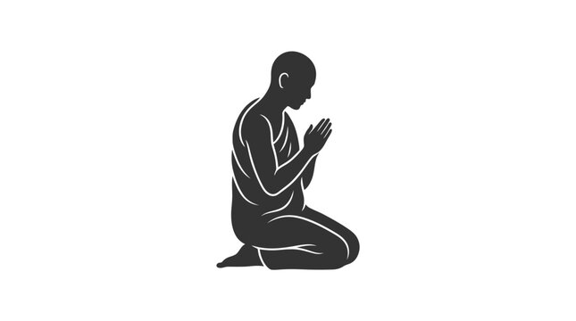 Silhouette of a Buddhist monk kneeling in prayer and meditation.