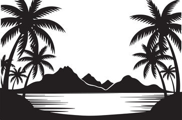 Obraz premium Tropical island with palm trees and mountains on water horizon, black silhouette isolated transparency background.