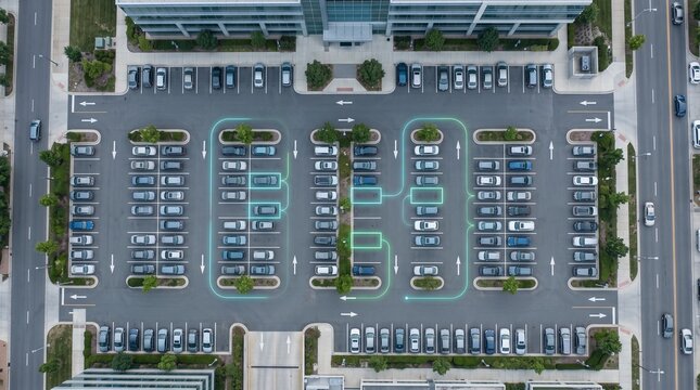 Smart city parking facility with digital navigation lane markings from above navigation technology infrastructure transportation automated management overhead guidance automation planning