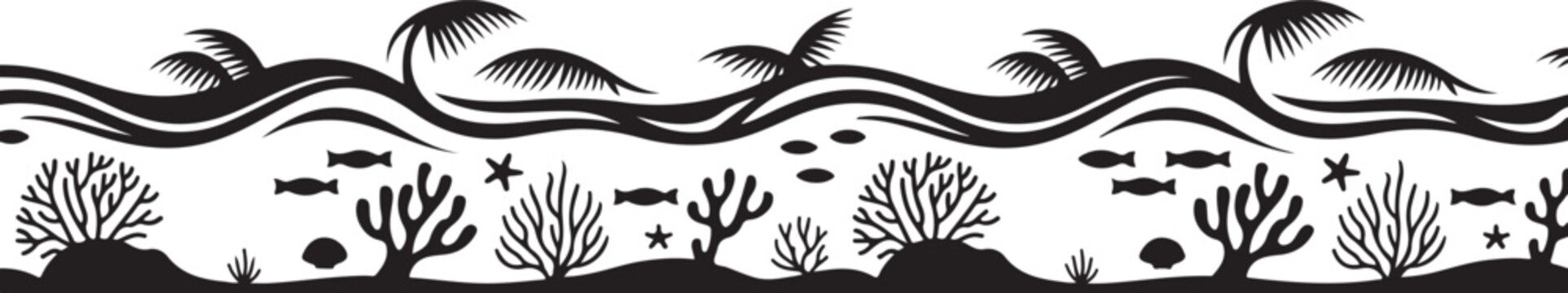 Ocean waves with palm trees, coral reef, sea creatures, and underwater landscape border isolated background.