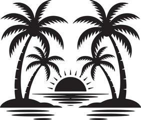 Obraz premium Sunset over ocean with silhouetted palm trees on islands for tropical beach paradise scene.