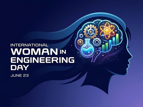 Creative illustration of woman in engineering with brain filled with science icons and symbols