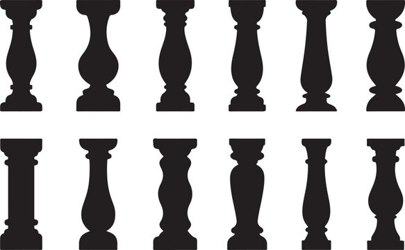 Set of various architectural baluster silhouettes for classic terrace railing decoration isolated on transparent background surface.