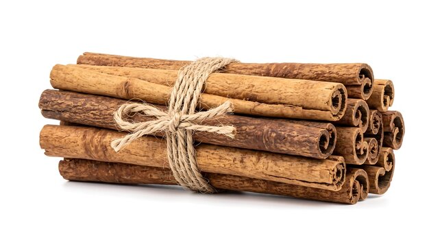 Aromatic bundle of dried cinnamon sticks tied with rustic twine isolated on white background for spice and culinary use