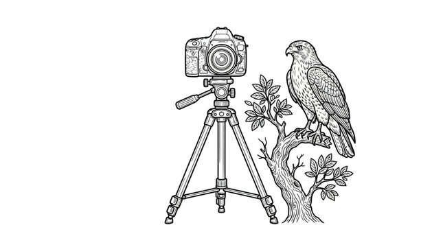 Wildlife Photography Concept: Camera and Bird Line Art