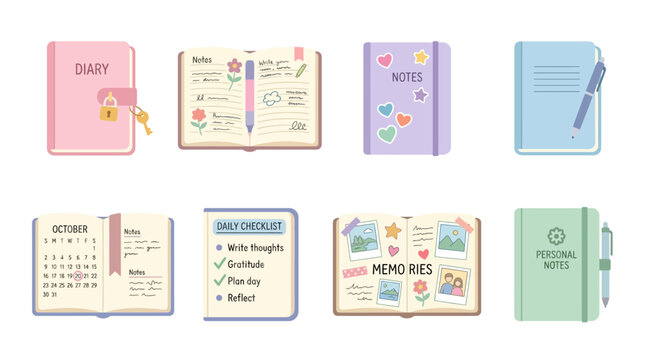 Set of Vector Illustrations of Notebooks, Diaries, Journals and Planners for Daily Organization and Memory Keeping, Cute and Colorful Stationery Designs for a Variety of Uses