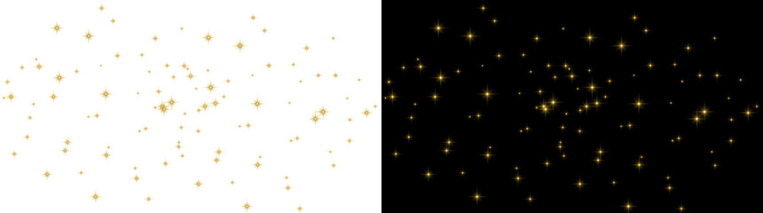 Stars glowing golden sparkle collection with radiant shining light effects for creative overlays featuring PNG, Transparent and Black Background Versions © Crafter