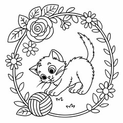 Fototapeta premium International Cute Cat Day Black and White Floral Kitten with Yarn Ball Line Art Vector Illustration