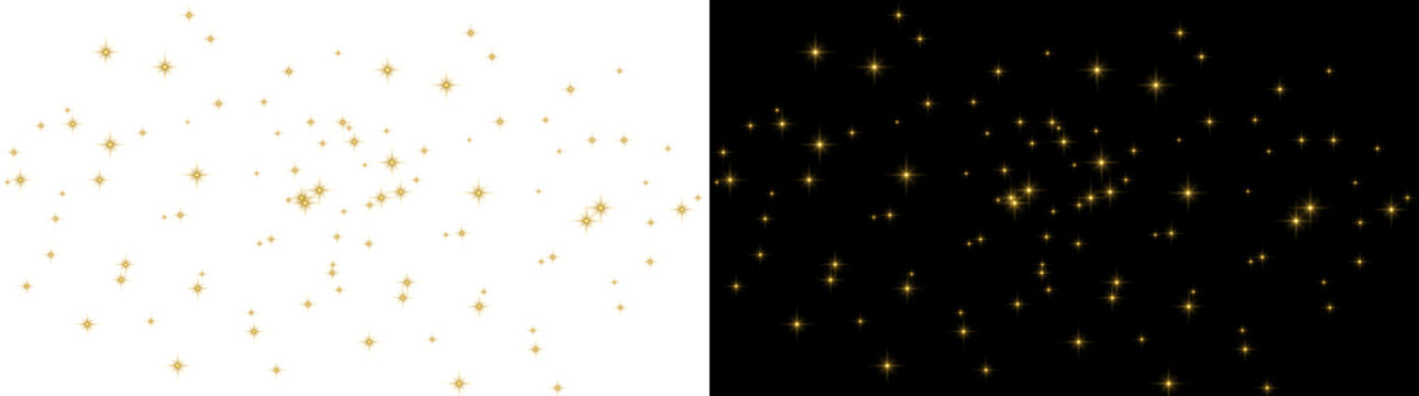 Stars glowing golden sparkle collection with radiant shining light effects for creative overlays featuring PNG, Transparent and Black Background Versions