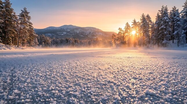 Sunrise over snow-covered field and distant mountains.