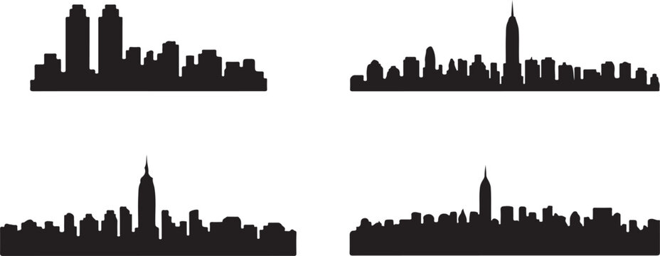 Cityscape silhouette skylines of New York and other urban metropolises with iconic skyscrapers for travel business and architectural themes.