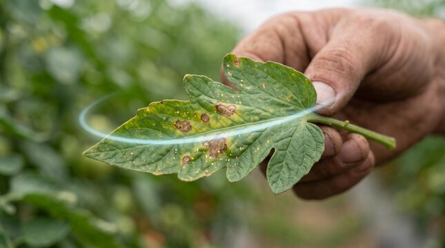 Farmer inspecting tomato plant leaf affected by fungal disease in greenhouse with agriculture gardening inspection vegetable greenhouse gardener pathology bacterial infection cultivation