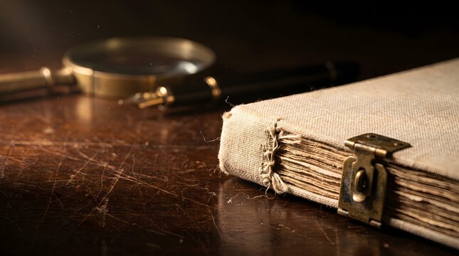 Vintage notebook with fountain pen and magnifying glass rests on a dark wooden desk