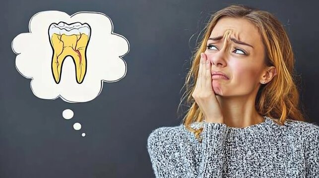 Young Woman with Toothache Holding Cheek and Thought Bubble Featuring Decayed Tooth Illustration