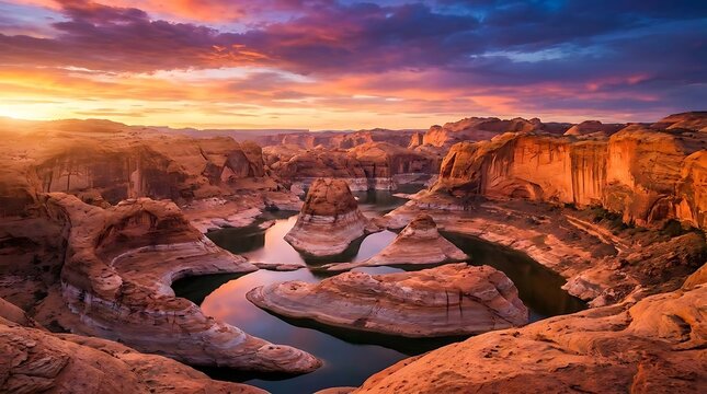 Sunset over winding river canyon in red rock desert.