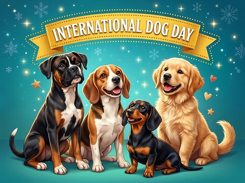 Happy international dog day celebration with cute cartoon puppies and festive decorations