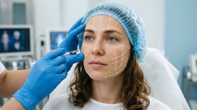 Cosmetic injection procedure doctor administering dermal filler to a female patient's face