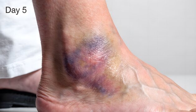 Ankle contusion healing progression, day 5 bruise with yellow purple discoloration stage, close up clinical medical reference