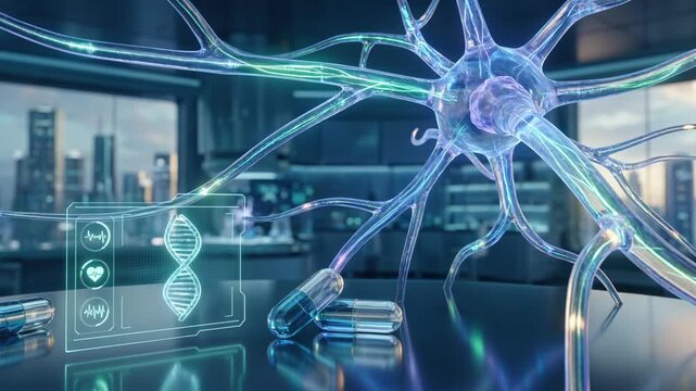 neuron model with digital interface and capsules in futuristic laboratory setting