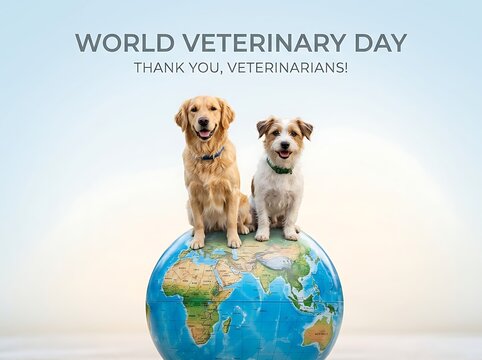 Happy world veterinary day with two cute dogs sitting on a globe smiling together