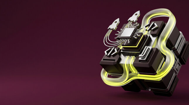 Tech startup launch background with 3d silver rocket chip coding icon glowing ribbon mockup