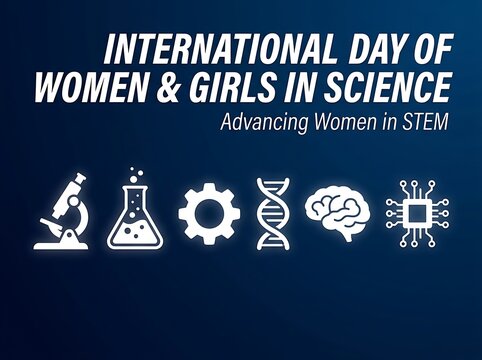 International day of women and girls in science celebration with icons promoting stem education and advancement
