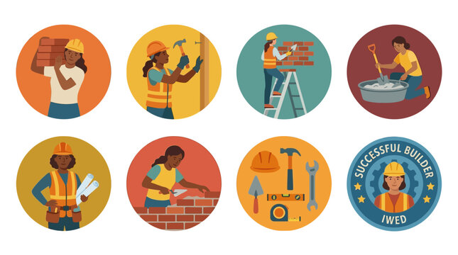 Set of Vector Icons Representing Construction and Skilled Trades, Emphasizing Diversity and Professionalism in Building Industries
