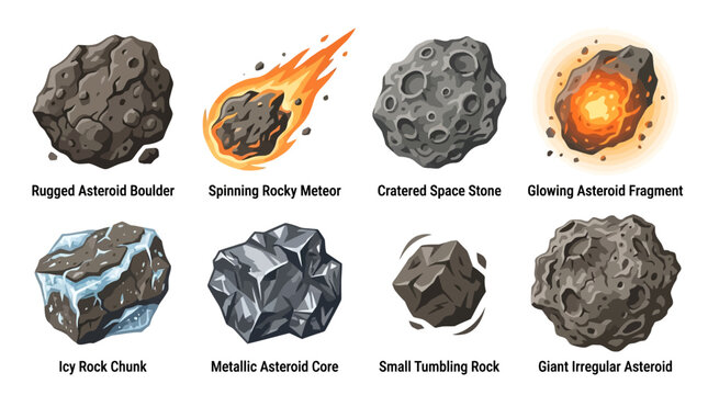 Vector Set of Asteroids and Meteoroids with Cosmic Objects Including Space Rocks, Asteroid Chunks, and Glowing Fragments in a Scientific Illustration Style