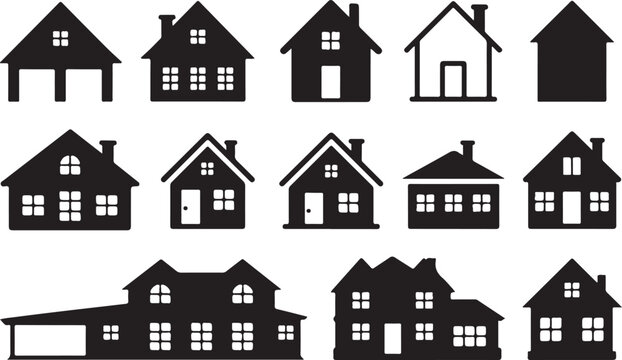 Residential architecture building silhouettes set featuring various suburban house styles with roofs and chimneys isolated.
