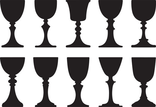 Set of ten black chalice silhouettes with various stems and bowl shapes isolated on transparent background for religious concepts.