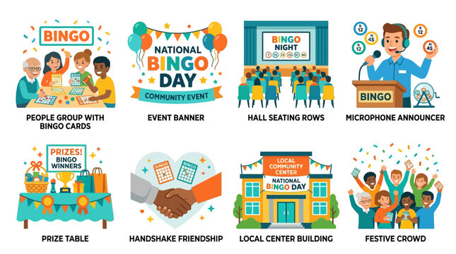 Bingo Day Celebration Vector Set Featuring Community Events, Prize Table, Handshake Friendship, Local Center Building, Hall Seating Rows, and Microphone Announcer for Festive Occasions